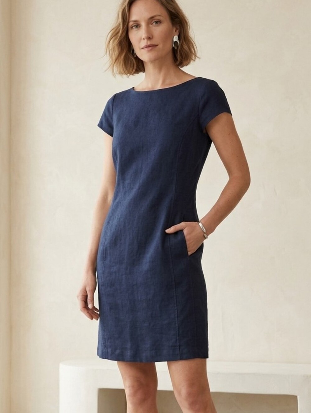 Eileen Fisher Organic Linen Shift Dress Navy Cap Sleeve Pockets Small Like New